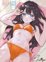  bikini black_hair blue_eyes bottle breasts commentary_request female long_hair looking_at_viewer lying navel orange_bikini original pocari_sweat side-tie_bikini_bottom signature small_breasts solo swimsuit wata_meringue wooden_floor 