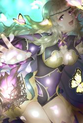  absurdres ahoge blonde_hair bodystocking breasts bug butterfly circlet covered_navel female fire_emblem fire_emblem_fates fire_emblem_heroes grey_eyes highres leotard long_hair looking_at_viewer medium_breasts nail_polish official_alternate_costume open_mouth ophelia_(fire_emblem) ophelia_(resplendent)_(fire_emblem) plant purple_nails sifil_amfr vines wing_cape 