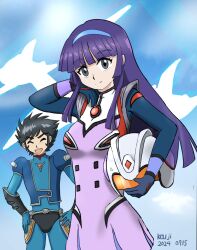  1boy black_hair breasts gloves green_eyes grendizer_u hair_between_eyes hair_ornament hairband kabuto_kouji long_hair magentrytry mazinger_(series) medium_breasts pilot_suit purple_hair short_hair sideburns skin_tight smile ufo_robo_grendizer very_long_hair yumi_sayaka 