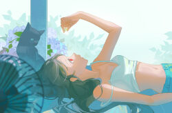  absurdres black_cat black_hair camisole collarbone denim denim_shorts electric_fan feline female flower gejiandenghuo highres holding inspecting long_hair lying midriff on_back open_mouth original pebble red_eyes shade shorts solo strap_slip white_camisole 