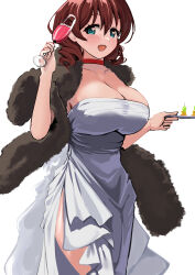  :d absurdres blush breasts brown_hair choker cleavage cocktail_glass commentary_request cup dress drill_hair drinking_glass emma_verde evening_gown freckles fur_shawl hair_down heart heart-shaped_pupils highres holding holding_plate large_breasts looking_at_viewer love_live! love_live!_nijigasaki_high_school_idol_club medium_hair open_mouth pisagi plate red_choker shawl simple_background smile standing symbol-shaped_pupils teeth twin_drills upper_teeth_only white_background white_dress 