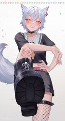  animal_ears black_shirt blush boots braid brown_eyes ear_piercing female fishnet_thighhighs fishnets from_below grey_hair grin highres looking_at_viewer meumy piercing qizhu shirt short_sleeves smile solo standing standing_on_one_leg tail thighhighs umy_(meumy) wolf_ears wolf_tail 