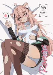  animal_ears arknights bare_shoulders black_jacket black_skirt brown_thighhighs cover cover_page doujin_cover english_text feet_out_of_frame female gravel_(arknights) hair_between_eyes heart highleg highleg_leotard highres jacket leotard long_hair looking_at_viewer lying mouse_ears mouse_girl mouse_tail on_back open_clothes open_jacket pink_eyes pink_hair shino_duka skirt smile speech_bubble spoken_heart tail thighhighs thighs torn_clothes torn_leotard torn_thighhighs upskirt white_leotard 