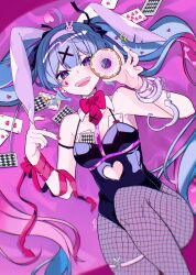  ace_(playing_card) ace_of_hearts adapted_costume animal_ears armpits bare_shoulders black_hair black_leotard blue_hair blush bow bowtie breasts butterfly_hair_ornament card clothing_cutout cuffs cutout_above_navel doughnut female fishnets food hair_bun hair_ornament half-heart_hands handcuffs hatsune_miku heart heart_cutout highleg highleg_leotard highres kitsunemame leotard long_hair looking_at_viewer nail_polish pantyhose pink_hair playboy_bunny playing_card pole rabbit_ears rabbit_hole_(vocaloid) red_nails small_breasts solo strapless strapless_leotard teardrop_facial_mark twintails very_long_hair vocaloid 