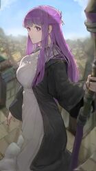  black_robe blunt_bangs breasts building cityscape collar dress expressionless female fern_(sousou_no_frieren) frilled_collar frills hair_ornament hairpin half_updo highres holding holding_staff huinjebi large_breasts long_dress long_hair long_sleeves open_clothes open_robe purple_eyes purple_hair robe rooftop sidelocks solo sousou_no_frieren staff white_dress 