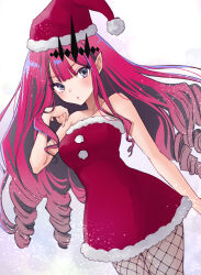  :o baobhan_sith_(fate) bare_shoulders blush breasts dress fate/grand_order fate_(series) female fishnet_pantyhose fishnets grey_eyes hair_ornament hand_up hat kurage1 long_hair looking_at_viewer pantyhose pink_hair pointy_ears red_dress red_hat santa_dress santa_hat solo third-party_source 