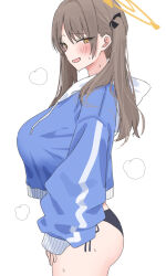  ass bikini bikini_bottom_only black_bikini blue_archive blue_hoodie blush breasts brown_hair commentary_request cropped_hoodie female halo highres hood hoodie large_breasts long_hair long_sleeves looking_at_viewer looking_to_the_side moe_(blue_archive) moe_(swimsuit)_(blue_archive) official_alternate_costume side-tie_bikini_bottom simple_background smile solo steam sweat swimsuit tsumayouji_(tumayog) twintails white_background 