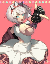  absurdres ahoge aqua_eyes ass back back_cutout black_gloves bob_cut bracelet breasts circle_skirt clothing_cutout clover collar dress ebi_pri_shrimp elphelt_valentine female fingerless_gloves four-leaf_clover frilled_dress frills gloves guilty_gear guilty_gear_strive hairband highres holding holding_microphone huge_ahoge jacket jewelry large_breasts looking_at_viewer microphone off_shoulder open_mouth pink_background pink_hairband pink_jacket short_dress short_hair sideboob smile solo spiked_bracelet spiked_collar spiked_hairband spikes white_hair 