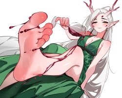  alcohol antlers arm_support armpit_crease asymmetrical_hair bare_shoulders barefoot blush breasts closed_mouth collarbone commission cup dorsiflexion dress drinking_glass dripping dutch_angle eyelashes feet female foot_focus foot_out_of_frame foreshortening green_dress grey_hair hand_up highres holding horns indie_virtual_youtuber long_hair looking_at_viewer medium_breasts ponytail pouring pouring_onto_self ringed_eyes second-party_source side_slit simple_background sitting sleeveless sleeveless_dress smile soles solo sydus toes very_long_hair virtual_youtuber white_background wine wine_glass yellow_eyes 