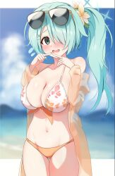  aqua_hair bikini black_eyes blue_archive blue_halo blue_sky blurry blurry_background breasts cloud collarbone commentary_request day eyewear_on_head female floral_print flower hair_flower hair_ornament hair_over_one_eye halo highres hiyori_(blue_archive) hiyori_(swimsuit)_(blue_archive) itaba_atsushi large_breasts looking_at_viewer navel ocean official_alternate_costume open_mouth outdoors print_bikini sky solo sunglasses swimsuit white_bikini white_flower 