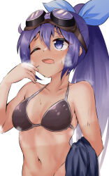  absurdres alternate_costume bikini black_bikini blue_bow blue_eyes blush bow breasts chakuro96 cleavage collarbone commentary_request female goggles goggles_on_head hair_between_eyes hairbow high_ponytail highres hot long_hair looking_up medium_breasts mifuyu_(princess_connect!) navel one_eye_closed open_mouth ponytail princess_connect! purple_hair sidelocks simple_background solo steam stomach string_bikini sweat swimsuit upper_body white_background 