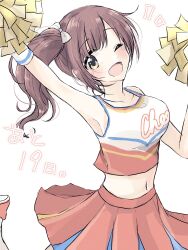  ;d armpits baran._(ba_ra_ran) blush bow breasts brown_hair cheerleader clothes_writing collarbone commentary_request countdown cowboy_shot cropped_shirt female hairbow highres holding holding_pom_poms idolmaster idolmaster_cinderella_girls igarashi_kyoko leg_up looking_at_viewer medium_breasts midriff miniskirt navel one_eye_closed open_mouth pleated_skirt pom_pom_(cheerleading) red_skirt shirt side_ponytail simple_background skirt sleeveless sleeveless_shirt smile solo split_mouth white_background white_bow white_shirt yellow_eyes 