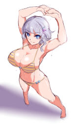  bare_legs bare_shoulders blue_eyes braid breasts cleavage female grey_hair hair_ornament hairclip highres huge_breasts large_breasts looking_at_viewer midriff navel seolla_schweizer short_hair side_braid solo suga_leon super_robot_wars sweat sweatdrop 