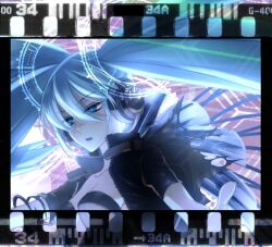  black_jacket blue_eyes blue_hair breasts cleavage collarbone female film_reel half-closed_eyes hatsune_miku headphones jacket looking_at_viewer lowres magic_circle parted_lips sad sakamoto_akira short_sleeves solo twintails upper_body vocaloid 