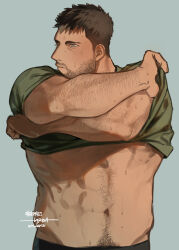  1boy absurdres arm_hair bara black_hair blue_eyes chris_redfield clothes_lift dated facial_hair green_shirt grey_background highres male_focus moto23059 muscular muscular_male navel navel_hair resident_evil resident_evil_6 shirt shirt_lift short_hair simple_background solo translation_request upper_body 