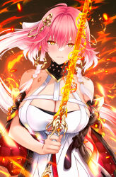  ahoge bare_shoulders black_collar black_jacket black_sleeves body_markings bow braid breasts bright_pupils changli_(wuthering_waves) chinese_commentary cleavage closed_mouth collar colored_extremities commentary_request dress female fire hair_between_eyes hair_extensions hair_ornament hairbow halterneck highres holding holding_sword holding_weapon jacket large_breasts long_hair looking_at_viewer multicolored_hair pink_hair rain_(rain910) red_hands solo sword tacet_mark_(wuthering_waves) twin_braids two-tone_hair upper_body very_long_hair weapon white_bow white_dress white_hair white_pupils wuthering_waves yellow_eyes 