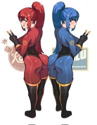  2girls ass ass-to-ass black_footwear black_gloves blu_pyro_(tf2) blue_bodysuit blue_eyes blue_hair bodysuit boots breasts full_body gloves grin highres impossible_bodysuit impossible_clothes large_breasts latex latex_bodysuit looking_at_viewer multiple_girls open_mouth ponytail pyro_(tf2) red_bodysuit red_eyes red_hair red_pyro_(tf2) smile team_fortress_2 teeth thigh_boots v wersman white_background 