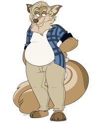  2018 2_tails 3_toes alpha_channel anthro arm_tuft artist_name barefoot beastofeuthanasia belly bent_arm black_claws blonde_eyebrows blonde_hair blue_clothing blue_shirt blue_topwear bottomwear brown_body brown_bottomwear brown_clothing brown_fur brown_inner_ear brown_nose brown_pants brown_tail button_(fastener) canid canine canis cheek_tuft chest_tuft claws closed_smile clothed clothing digital_drawing_(artwork) digital_media_(artwork) elbow_tuft eyebrows facial_tuft feet fingers flat_colors fluffy fluffy_tail freckled_face freckles front_view fur hair half-closed_eyes hand_on_hip hi_res hybrid hyena inner_ear_fluff kyle_stark long_tail male mammal mouth_closed multi_tail multicolored_tail narrowed_eyes open_clothing open_shirt open_topwear overweight overweight_anthro overweight_male pants pattern_clothing pattern_shirt pattern_topwear plaid plaid_clothing plaid_shirt plaid_topwear rolled_up_sleeves shirt short_hair simple_background smile solo standing tail tan_body tan_fur tan_inner_ear_fluff tan_tail toe_claws toes topwear transparent_background tuft white_clothing white_shirt white_topwear wolf 