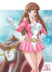  beckoning bodysuit breasts brown_eyes brown_hair cleavage collarbone female gloves hairband hand_on_own_hip highres huge_breasts large_breasts long_hair mazinger_(series) mazinger_z mecha pilot_suit robot science_fiction skin_tight skirt smile solo super_robot tabibito_rin tongue tongue_out venus_a yumi_sayaka 