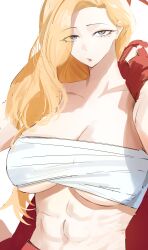  absurdres blonde_hair blue_archive blue_eyes breasts character_request collarbone female halo highres muscular muscular_female navel nonoa red_halo simple_background solo upper_body white_background 