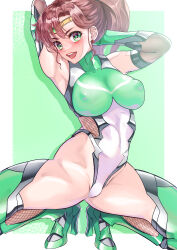  absurdres arion_canvas breasts brown_hair covered_nipples elbow_gloves female gloves green_eyes green_leotard highleg highleg_leotard highres kino_makoto large_breasts leotard looking_at_viewer open_mouth ponytail sailor_jupiter smile solo taimanin_(series) taimanin_suit 