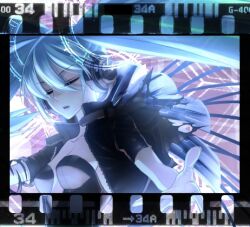  black_jacket blue_hair breasts cleavage closed_eyes collarbone female film_reel hatsune_miku headphones jacket looking_at_viewer lowres magic_circle parted_lips sakamoto_akira short_sleeves solo twintails upper_body vocaloid 