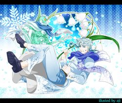  2boys aji_(coastal_area) blue_hair commentary_request flower hierophant_green jojo_no_kimyou_na_bouken kakyoin_noriaki male_focus multiple_boys scarf snowbell_(flower) snowflake_print snowflakes stand_(jojo) white_flower white_hair winter 