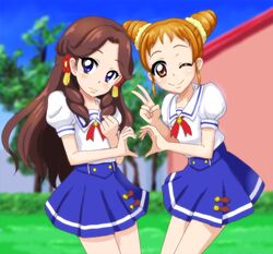  2girls aikatsu! aikatsu!_(series) arisugawa_otome commentary_request diskmonkey fujiwara_miyabi_(aikatsu!) multiple_girls one_eye_closed school_uniform starlight_academy_school_uniform 