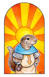  2008 anthro arrow_pointing_to_crotch beady_eyes black_eyes brown_body brown_fur cape_ground_squirrel clothed clothing directional_arrow fully_clothed fur grin ground_squirrel halo male mammal pouch_(anatomy) pouch_purse rodent saint saint_ungo sciurid smile solo story story_in_description tan_body tan_fur teeth ursula_vernon 