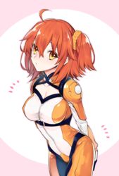  :&lt; ^^^ ahoge arms_behind_back blush bodysuit breasts buckle cleavage cleavage_cutout closed_mouth clothing_cutout collarbone commentary_request cowboy_shot fate/grand_order fate_(series) female fujimaru_ritsuka_(female) fujimaru_ritsuka_(female)_(chaldea_combat_uniform) hair_between_eyes hair_ornament hair_scrunchie leaning_forward looking_at_viewer looking_back medium_breasts mitsuya_bonjin official_alternate_costume one_side_up orange_bodysuit orange_eyes orange_hair orange_scrunchie scrunchie short_hair solo standing tareme two-tone_background underbust 