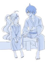  1boy ahoge backlighting barefoot bath_yukata blue_theme closed_eyes commentary_request fairy_tail female japanese_clothes kimono long_hair looking_at_another mashima_hiro mavis_vermilion monochrome simple_background sitting smile white_background yukata zeref 