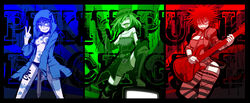  3girls ;p blood blood_splatter blue_theme boots breasts chains choker column_lineup commentary_request corset cross-laced_footwear cutoffs elbow_gloves electric_guitar gloves green_theme grin guitar gun hair_over_one_eye handgun hat highres hood hoodie inabaniina instrument lace-up_boots large_breasts middle_finger monochrome multiple_girls music one_eye_closed open_clothes open_hoodie panties pixiv_punk_and_rock playing_instrument punk red_theme short_hair shorts shoulder_pads smile spiked_hair strap_slip striped_clothes striped_thighhighs tattoo thighhighs tongue tongue_out underwear weapon wristband 