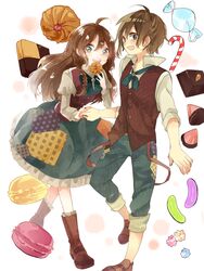  1boy absurdres ahoge apollo_chocolate bad_id bad_pixiv_id blush boots brown_hair candy candy_cane checkerboard_cookie chocolate collaboration cookie dress female food gretel_(grimm) grimm&#039;s_fairy_tales hansel_(grimm) hansel_and_gretel highres hozumi_rino jelly_bean konpeitou lingmuzi long_hair macaron open_mouth short_hair 