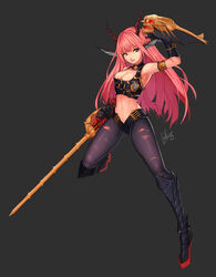  absurdres bad_artstation_id bad_id breasts brown_eyes chaos_(dungeon_and_fighter) cleavage dduck_kong dungeon_and_fighter elbow_gloves female gloves highres horns knight_(dungeon_and_fighter) large_breasts long_hair midriff navel pantyhose photoshop_(medium) pink_hair signature skull solo sword torn_clothes torn_pantyhose weapon 