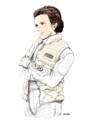  animification brown_eyes brown_hair commentary_request female gloves matsuri6373 military military_uniform princess_leia_organa_solo rebel_alliance science_fiction signature simple_background solo star_wars uniform vest 