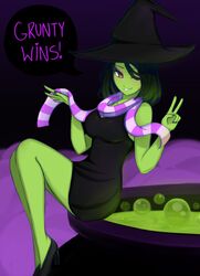  alternate_form bad_end banjo-kazooie black_dress black_hair breasts bubble cauldron colored_skin commentary_request deviantartkofwea dress female green_skin gruntilda_winkybunion hat high_heels large_breasts looking_at_viewer open_mouth red_eyes scarf short_hair smile v witch_hat 