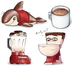  animate_inanimate appliance beverage blender_(machine) cetacean clothing coffee container cup dolphin eyewear glasses human inanimate_transformation inflatable kitchen_appliance living_toilet mammal marine oceanic_dolphin pool_toy shirt simple_background subakitsu toilet toothed_whale topwear transformation white_background 