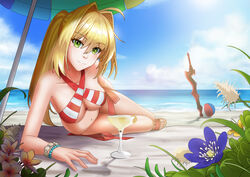  absurdres aestus_estus ahoge arm_support bad_id bad_pixiv_id ball beach beach_umbrella beachball bikini blonde_hair blue_flower blue_sky breasts cleavage cloud collarbone day fate/grand_order fate_(series) female flower flower_request green_eyes hair_between_eyes hair_intakes hepatica_(flower) highres hyperbudd long_hair medium_breasts navel nero_claudius_(fate) nero_claudius_(swimsuit_caster)_(fate) one_eye_closed orange_flower outdoors photoshop_(medium) planted planted_sword plumeria purple_flower sandals sky smile solo swimsuit sword tropical_drink umbrella weapon yellow_flower 