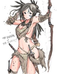  bow_(weapon) breasts cleavage commentary_request dagger feathers female forsworn groin hakuaki hip_focus knife loincloth medium_breasts navel sideboob solo the_elder_scrolls the_elder_scrolls_v:_skyrim thigh_strap thighs weapon white_background 