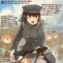  akitsu_maru_(kancolle) animal bayonet bipod black_eyes black_hair black_hat black_legwear commentary_request dated female gloves gun hamster hat holding holding_weapon kantai_collection kirisawa_juuzou light_machine_gun long_sleeves military military_uniform numbered open_mouth peaked_cap short_hair sweat thighhighs traditional_media translation_request twitter_username type_96_light_machine_gun uniform weapon white_gloves 