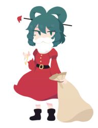  blue_eyes blue_hair commentary_request dress fake_beard fake_facial_hair fake_mustache female full_body hair_ornament hair_rings hair_stick kaku_seiga phantasmic sack santa_costume short_hair smile solo symposium_of_post-mysticism touhou transparent_background 