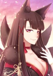  akagi_(azur_lane) akagi_(plum_and_snow)_(azur_lane) animal_ears ayan azur_lane backlighting black_kimono blunt_bangs breasts choker cleavage closed_mouth collarbone commentary_request eyeshadow female fox_ears fox_tail fur_collar gloves gradient_sky hair_ornament highres japanese_clothes kimono kitsune large_breasts lips long_hair looking_at_viewer makeup multiple_tails official_alternate_costume outdoors petals red_choker red_ribbon ribbon ribbon_choker sky smile solo straight_hair tail tassel tsurime upper_body white_gloves x_hair_ornament 