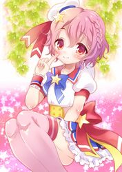  1boy blush braid commentary_request dress hat kokorominton looking_at_viewer male_focus otoko_no_ko pink_eyes pink_hair pretty_series pripara reona_west short_hair sitting smile solo 