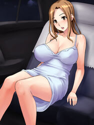  blush breasts brown_eyes brown_hair car car_interior cleavage dress female highres huge_breasts legs long_hair looking_down motor_vehicle nightmare_express nude open_mouth sitting solo thighs 