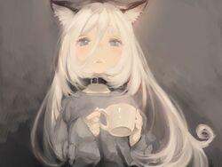  animal_ears blue_eyes collar female female inayan long_hair milk milk_mustache mug parted_lips sleeves_past_wrists solo upper_body white_hair 