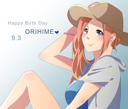  bleach brown_eyes character_name female happy_birthday hat inoue_orihime jadpjadpjadp long_hair looking_at_viewer orange_hair smile solo 