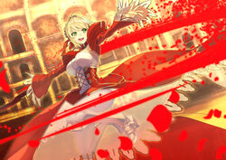  aestus_estus ahoge akamiso_(k074510) armored_boots blonde_hair boots commentary_request fate/extra fate_(series) female green_eyes hair_intakes nero_claudius_(fate) nero_claudius_(fate/extra) petals rose_petals see-through solo sword weapon wide_sleeves 