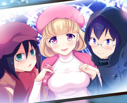  3girls :d bags_under_eyes beret black_hair blonde_hair blue_eyes blue_hair blush breasts cabbie_hat casual christmas coat commentary cursive english_text girl_sandwich glasses gloves green_eyes hakka0320 hat headwear_writing holding_hands hood hooded_coat komiyama_kotomi kuroki_tomoko large_breasts multiple_girls naruse_yuu open_mouth photoshop_(medium) pink_eyes pink_gloves pink_hat polka_dot polka_dot_gloves sandwiched short_hair smile sweatdrop triangle_mouth turtleneck watashi_ga_motenai_no_wa_dou_kangaetemo_omaera_ga_warui! 