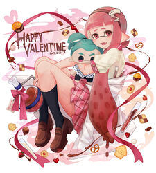  beaker black_socks blouse blunt_bangs brown_socks casual character_doll chocolate commentary_request cookie dated disruptor_(splatoon) english_text fangs female food from_side hair_ornament hairband happy_valentine heart heart-shaped_pupils holding holding_stuffed_toy holding_weapon inkling inkling_boy inkling_girl inkling_player_character invisible_chair loafers long_hair looking_at_viewer mimimi_(echonolog) miniskirt open_mouth pink_eyes pink_hair pink_skirt plaid plaid_skirt pleated_skirt pointy_ears pretzel puffy_short_sleeves puffy_sleeves red_hairband shirt shoes short_sleeves sitting skirt smile socks solo splatoon_(series) splatoon_1 squid stuffed_toy symbol-shaped_pupils tentacle_hair valentine weapon white_shirt 