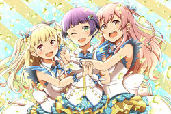  3girls :d ;d ahoge araki_rena arm_hug blue_bow blue_bowtie blunt_bangs blush bob_cut bow bowtie braid breasts collared_shirt commentary_request earrings girl_sandwich hair_bobbles hair_ornament hairbow head_tilt holding_hands idol jewelry long_hair looking_at_viewer medium_breasts multiple_girls nishizono_honoka oerba_yun_fang one_eye_closed open_mouth orange_eyes pink_hair purple_hair sagamiya_(sgmy777) sandwiched shirt short_hair skirt smile sparkle tokyo_7th_sisters two_side_up uesugi_u._kyouko v-shaped_eyebrows water_drop wing_collar 